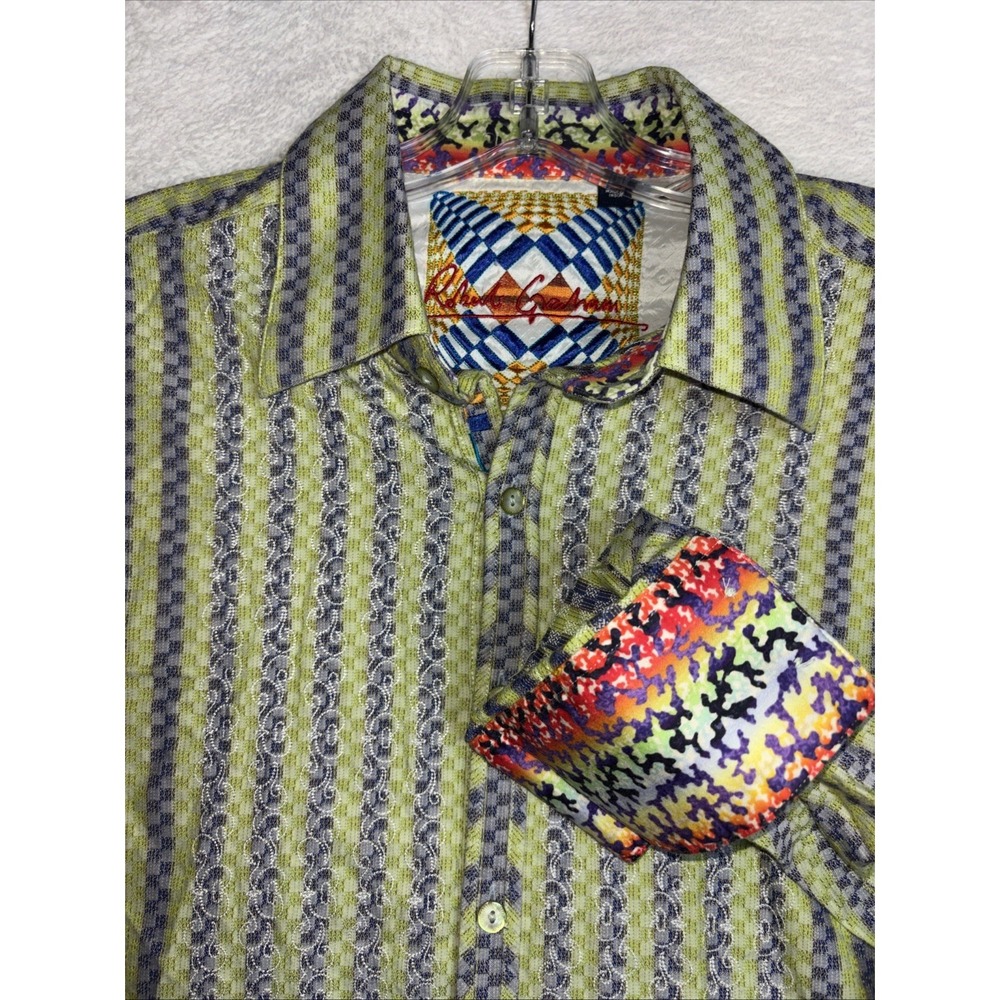 Robert Graham Dress Shirt XLGreen/purple Stripes Embroidered Flip Cuffs